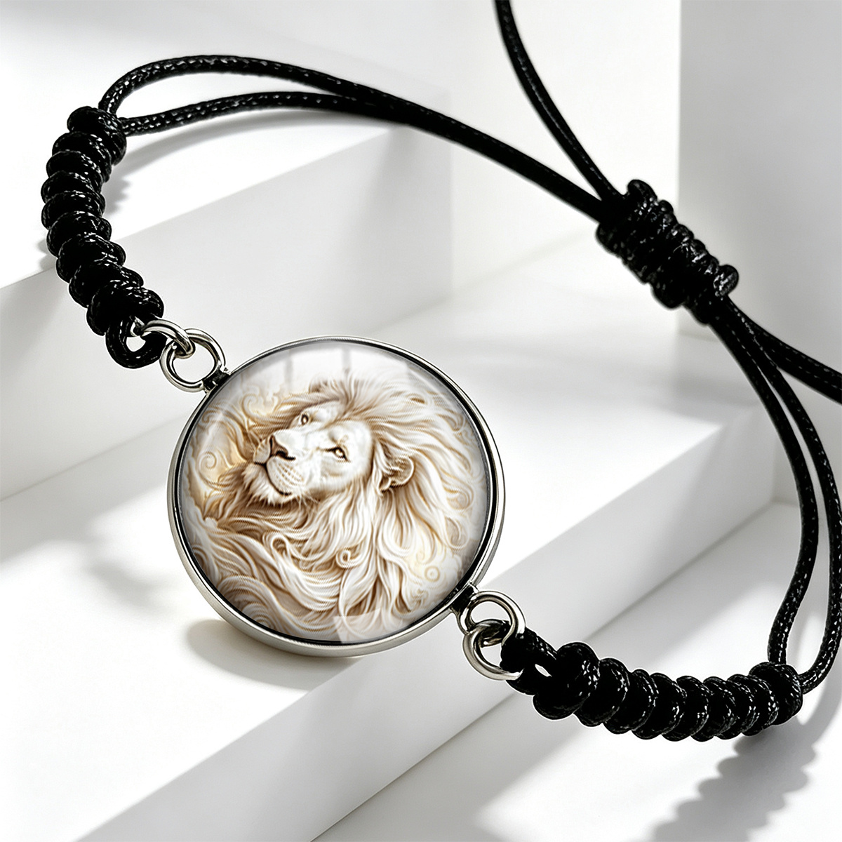 Unisex Light-Colored Lion Art Printed Round Glass Adjustable Bracelet